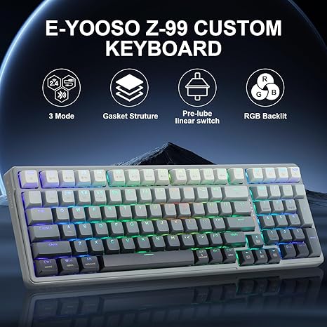 E-YOOSO Z-99 Wireless Mechanical Keyboard,Tri-Mode Bluetooth 5.0/2.4GHz/USB-C Hot Swappable Custom,Pre-lubed Linear Switches,Gasket Structure,RGB Backlit Gaming Keyboard for PC/Tablet/PS/Xbox