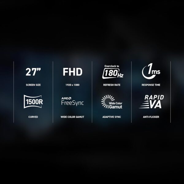 الصورة الثانية لـ MSI شاشة العاب منحنية G27C3F FHD مضادة للتوهج 1 مللي ثانية 1920 × 1080 180 هرتز، دقة معدل التحديث، 27 انش، اسود، من ام اس اي، LCD