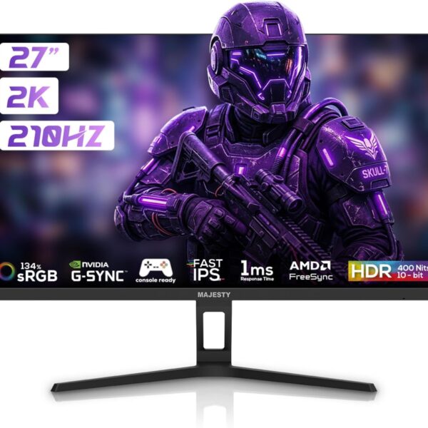Majesty 27" 2K QHD Gaming Monitor | FAST ULTRA IPS | 210Hz | 1ms | HDR400 Ready |  | 10-Bit | G-SYNC & FreeSync | HDMI & DisplayPort | VESA | Built-in Speakers | Flexible Stand