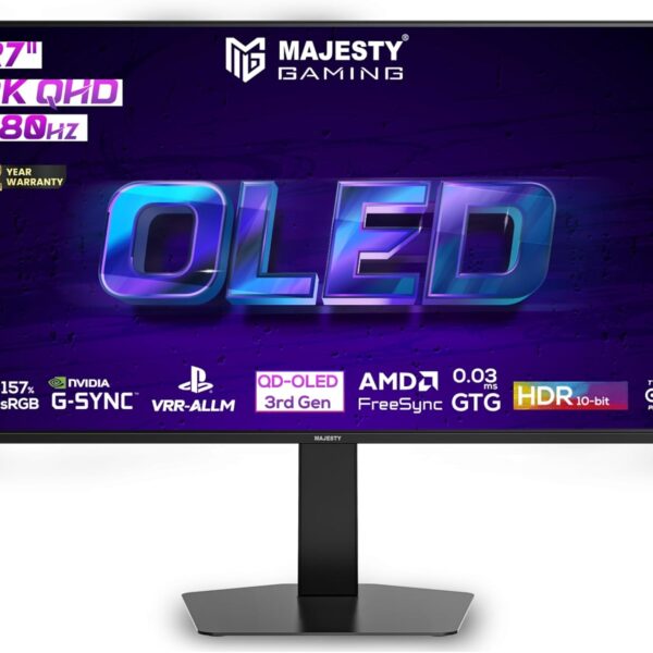 Majesty 27 Inch OLED Gaming Monitor 2K QHD | QD-OLED | 280Hz | 0.03ms | HDR400 | 157% sRGB | 10-Bit | G-SYNC & FreeSync | HDMI 2.1 | DP & USB-C | VESA | Built-in Speakers | RGB Rear | Flexible Stand